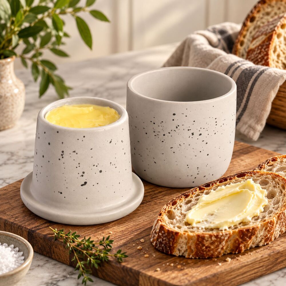 Gray French Butter Crock Keeper Ceramic Countertop Dish Water Seal Storage Lid